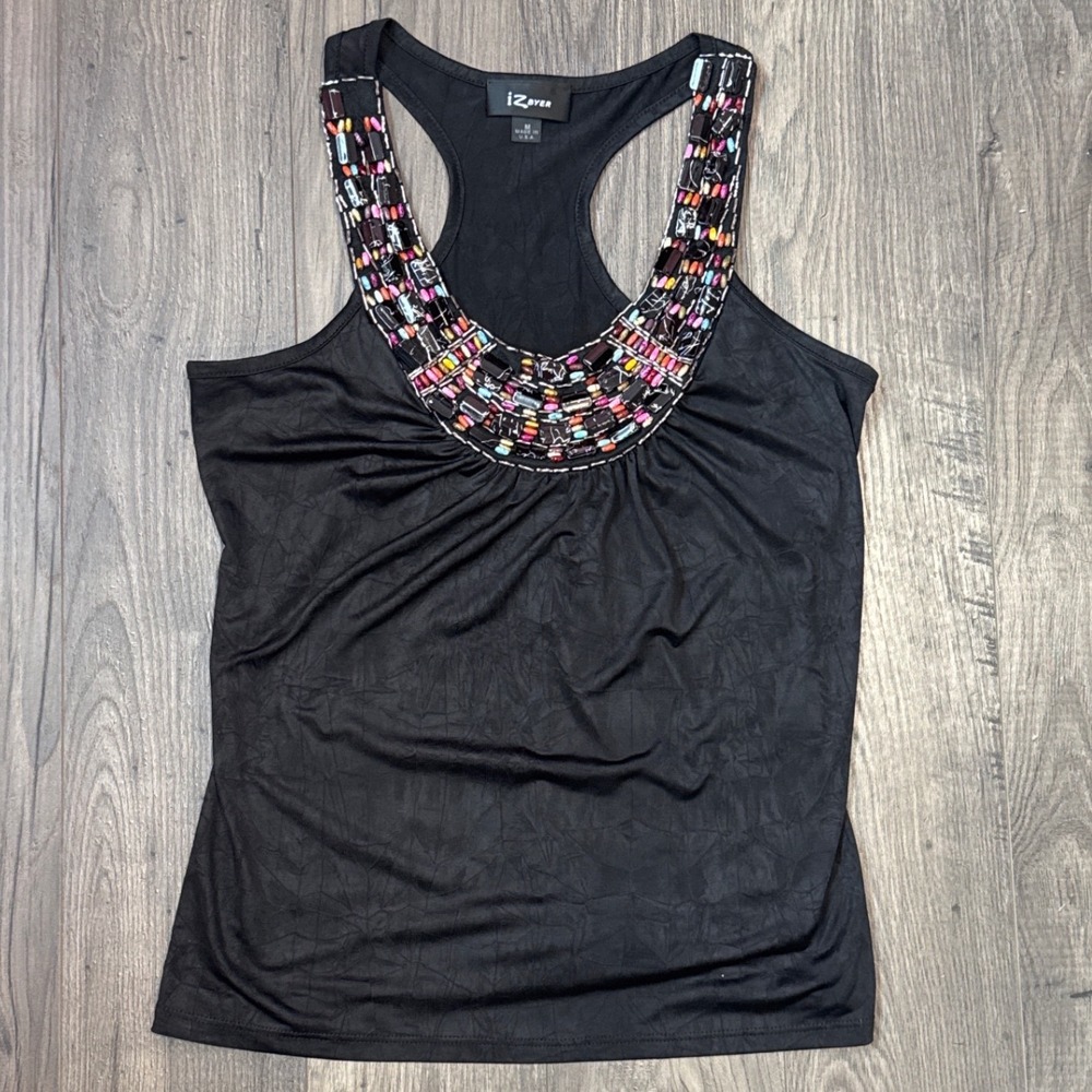 IZ Byer Womens Black Beaded Neckline Racerback Tank Top Size M Made in USA